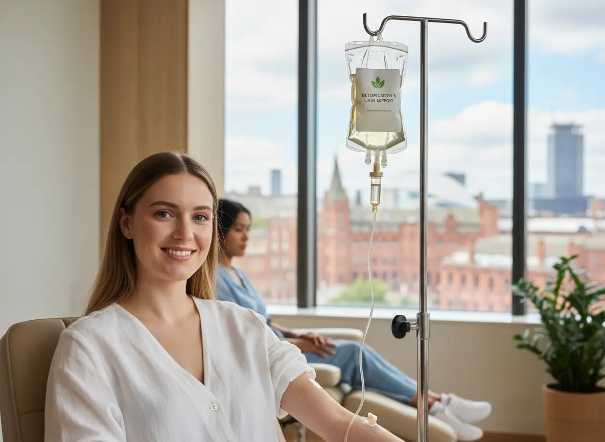 Woman receiving a Beauty Glow IV drip for radiant skin in a modern wellness clinic.