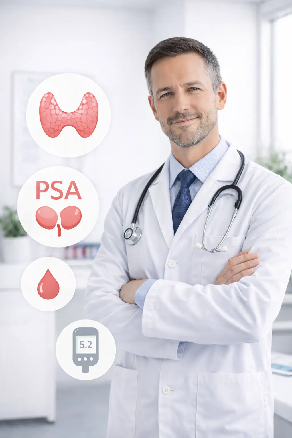 Male doctor representing PSA, thyroid, and blood testing services.