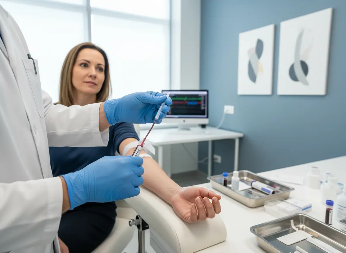 Ferritin blood test sample being collected in a Birmingham clinic.