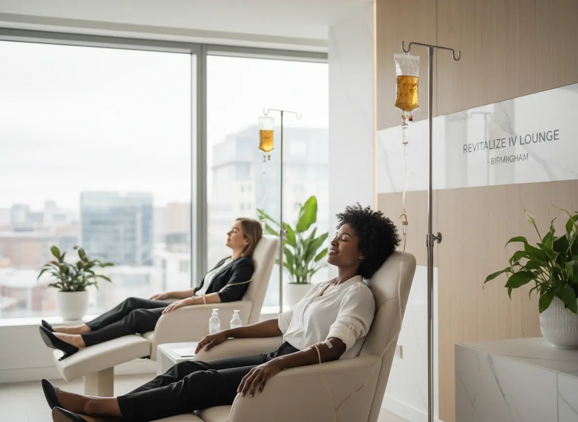 Clients relaxing during IV drip therapy at a modern IV lounge in Birmingham.