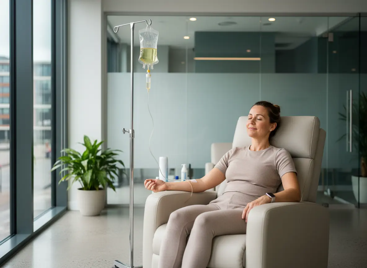 Woman relaxing while receiving a Detox Deluxe IV drip in a modern wellness clinic.