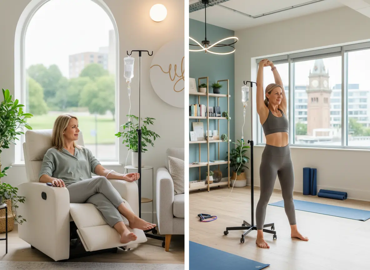 Split image showing a woman receiving an IV drip while seated comfortably and the same woman stretching in a wellness studio with an IV stand nearby.