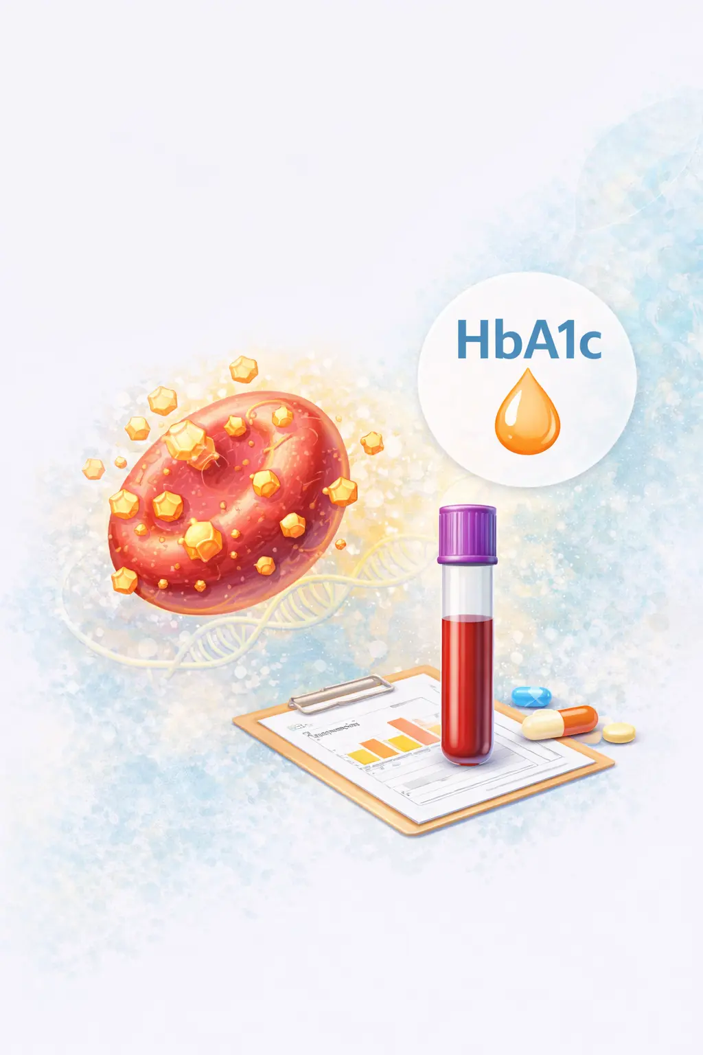 Illustration showing HbA1c blood test used to monitor long-term blood sugar levels.