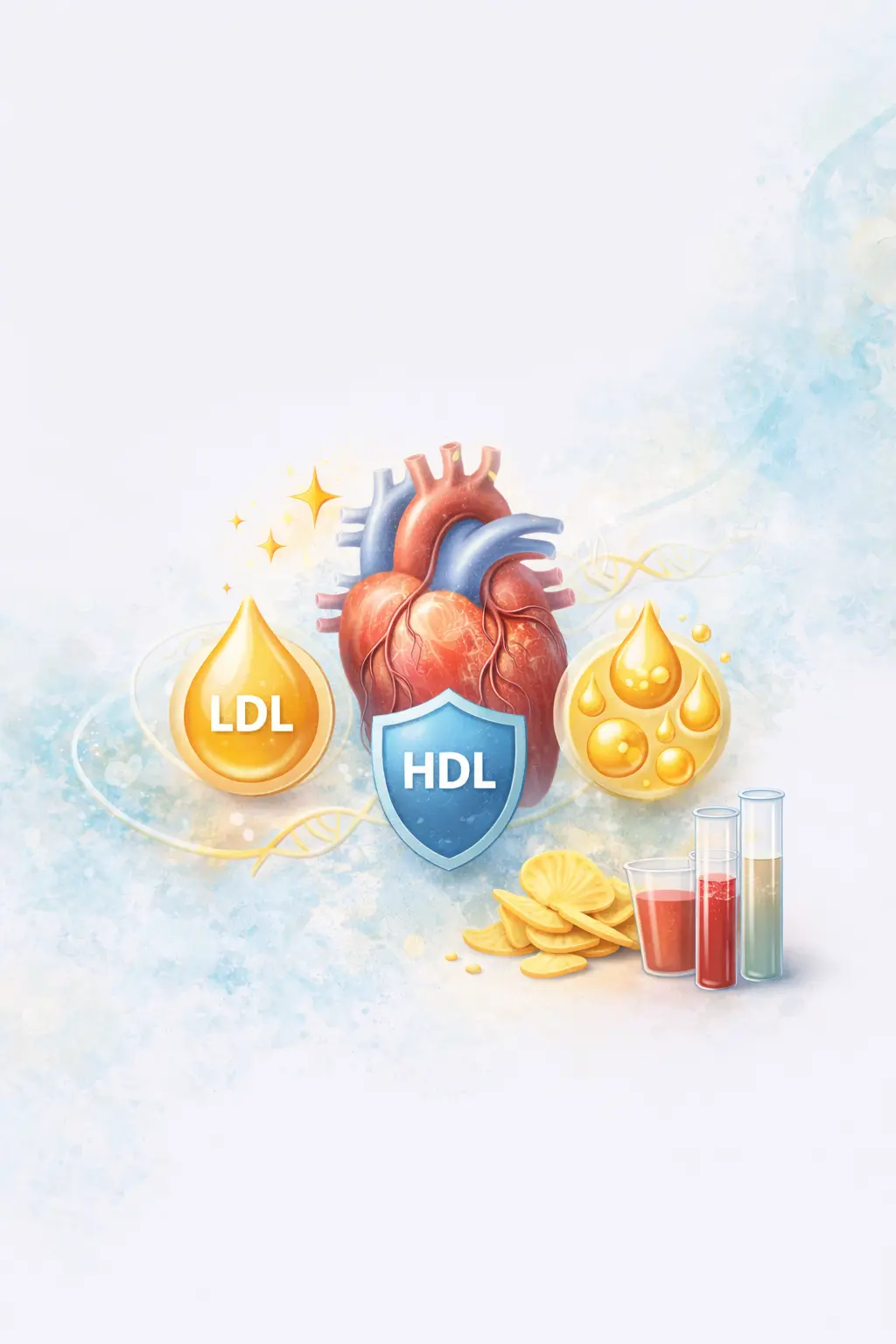 Illustration of heart health showing HDL and LDL cholesterol levels with blood tests.