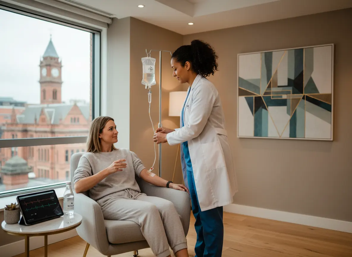 Clinician administering IV push vitamin treatment to a seated patient in a modern wellness clinic.