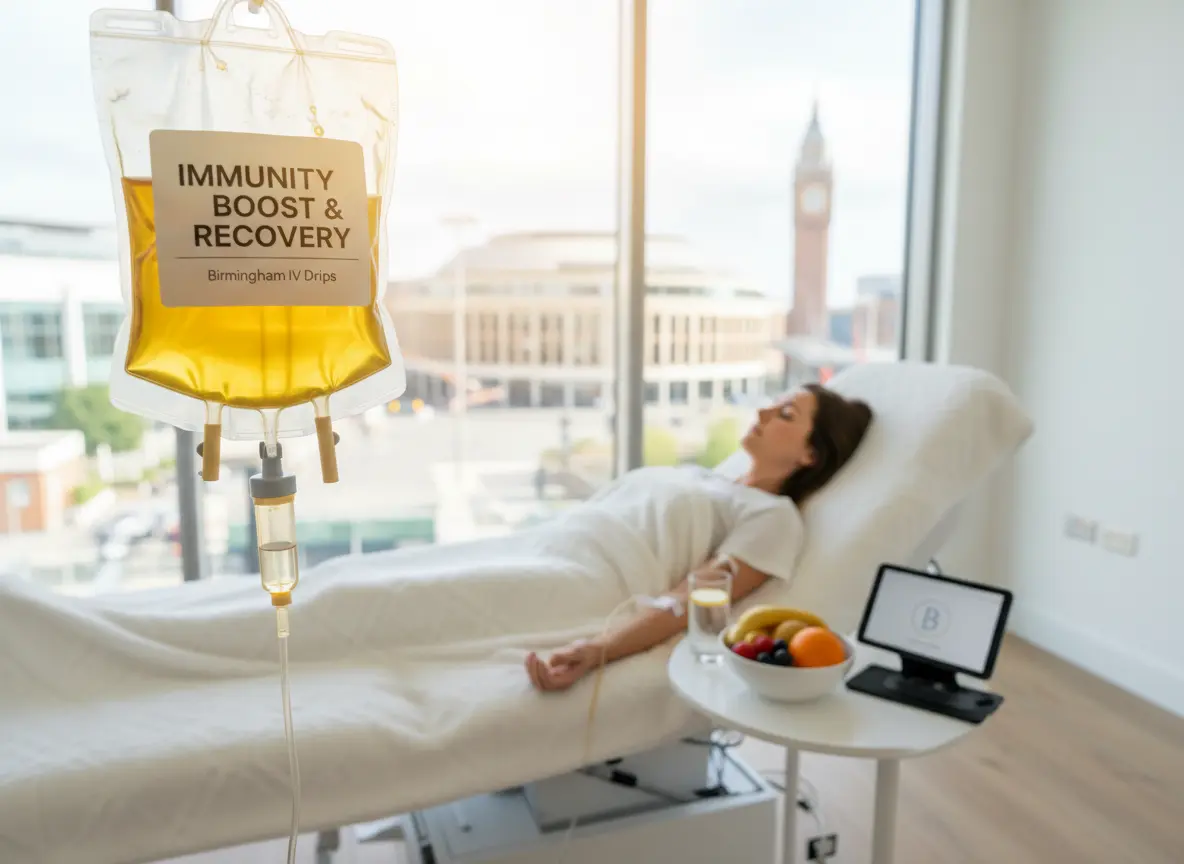 Immunity boost IV drip administered to a patient relaxing on a treatment bed in a modern clinic.