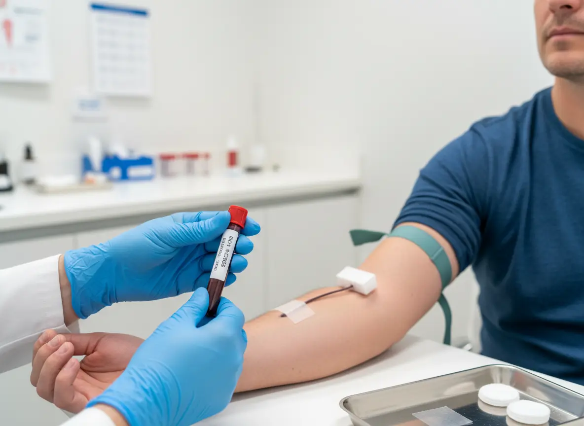 Blood sample being collected from a male patient in a clinical setting.