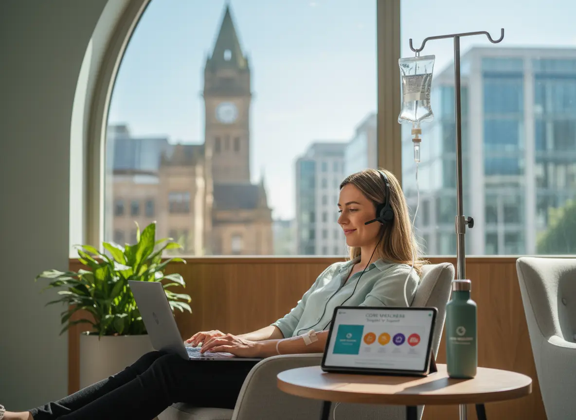 Multi-nutrient IV vitamin drip during a relaxed wellness session in a city clinic.