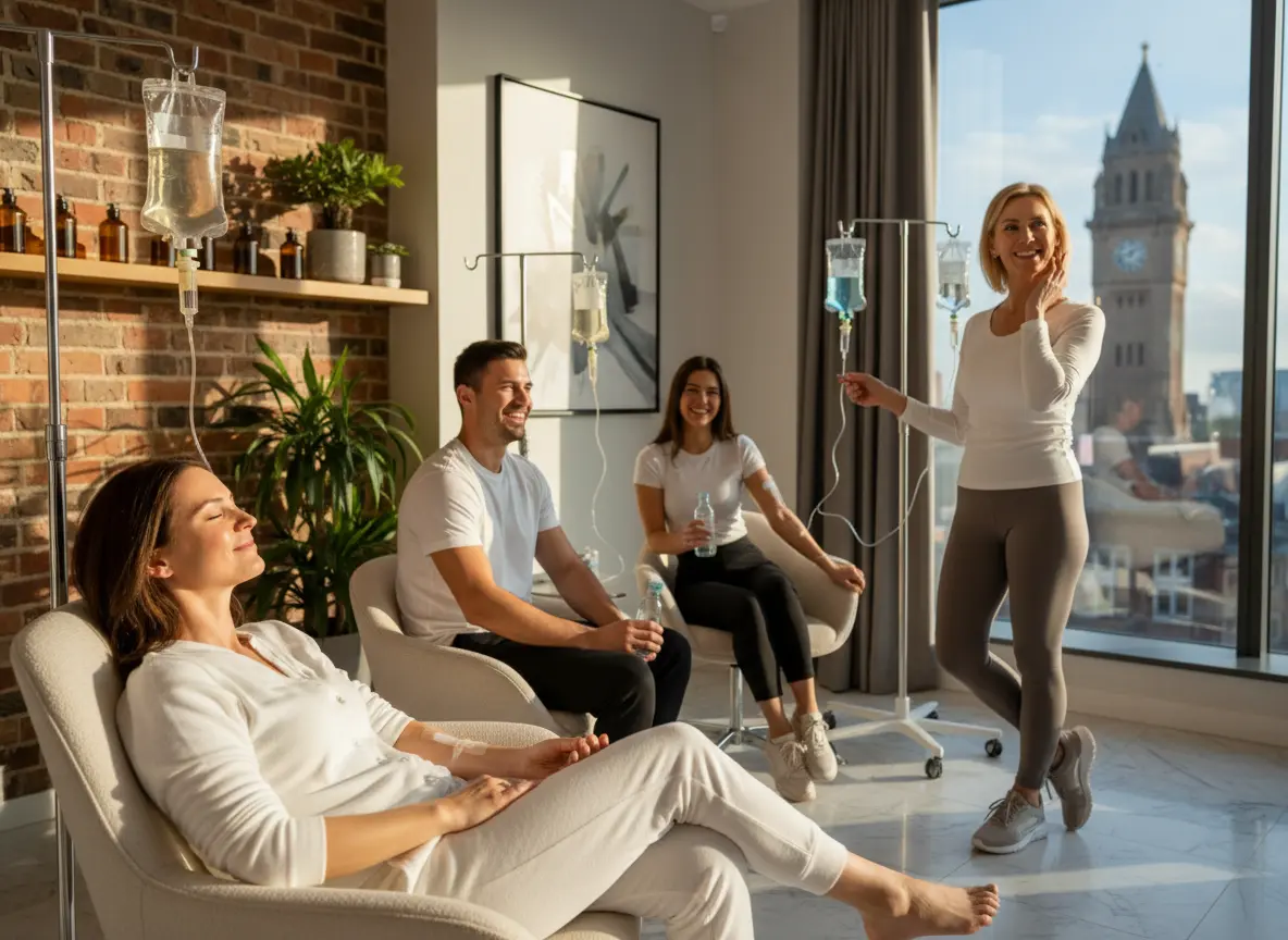 Group of people relaxing during IV drip therapy in a modern wellness clinic.