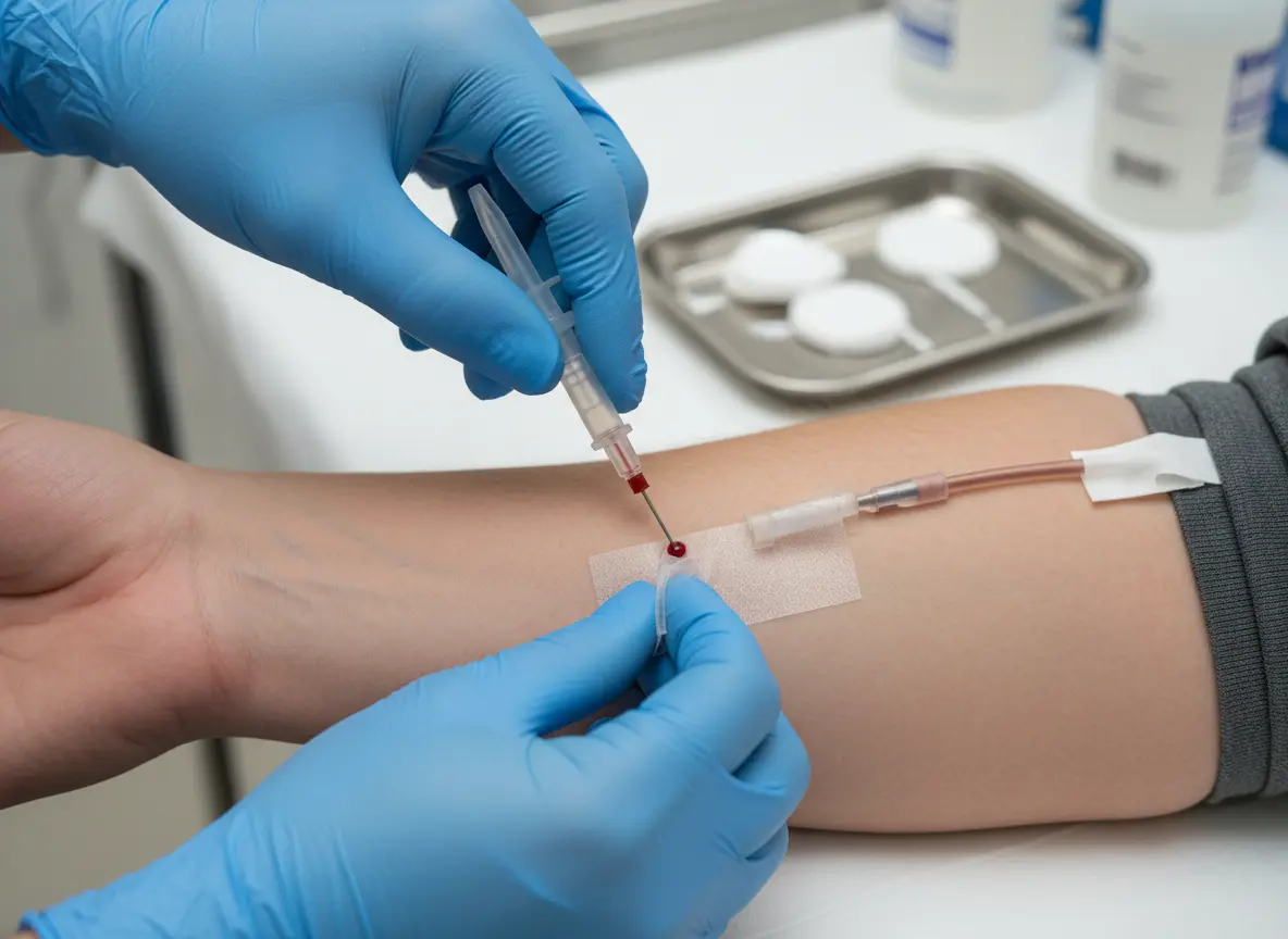 Blood sample being drawn from a patient’s arm during a clinical blood test.