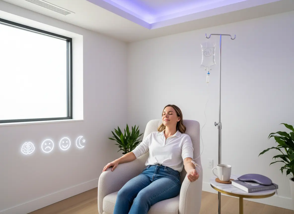 Woman relaxing while receiving wellness and recovery IV drip therapy in a modern clinic.