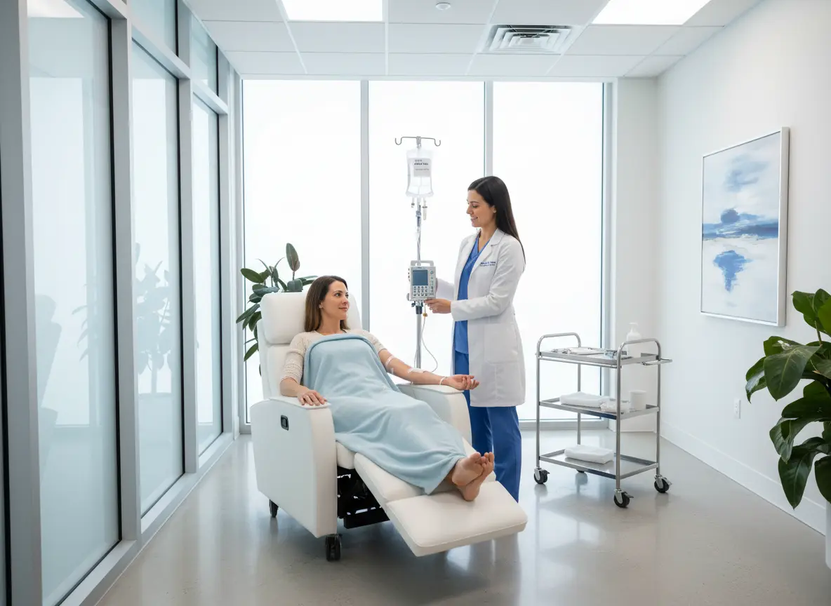 Patient receiving zinc IV therapy as a clinician monitors the infusion in a modern wellness clinic.